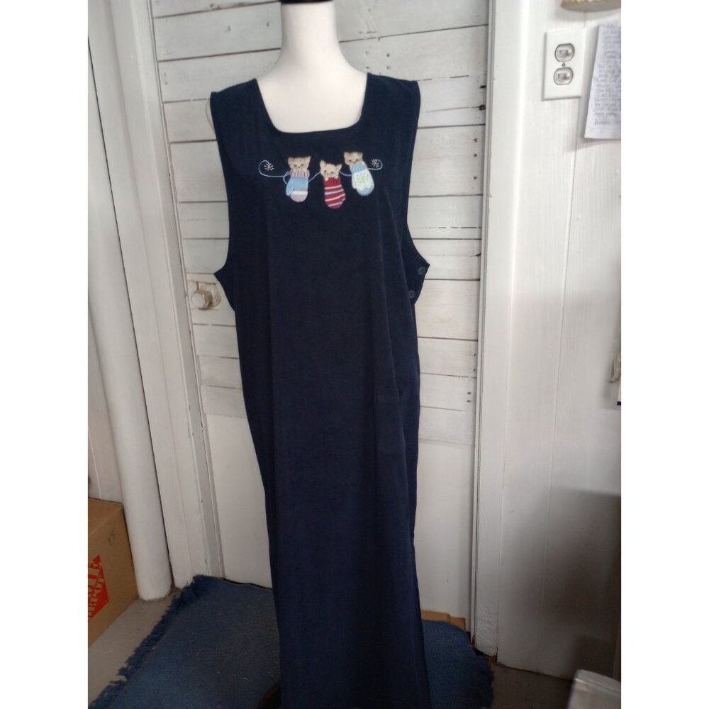 Christopher & Banks Jumper Dress Navy Faux Suede Embroidered Kittens Size 16